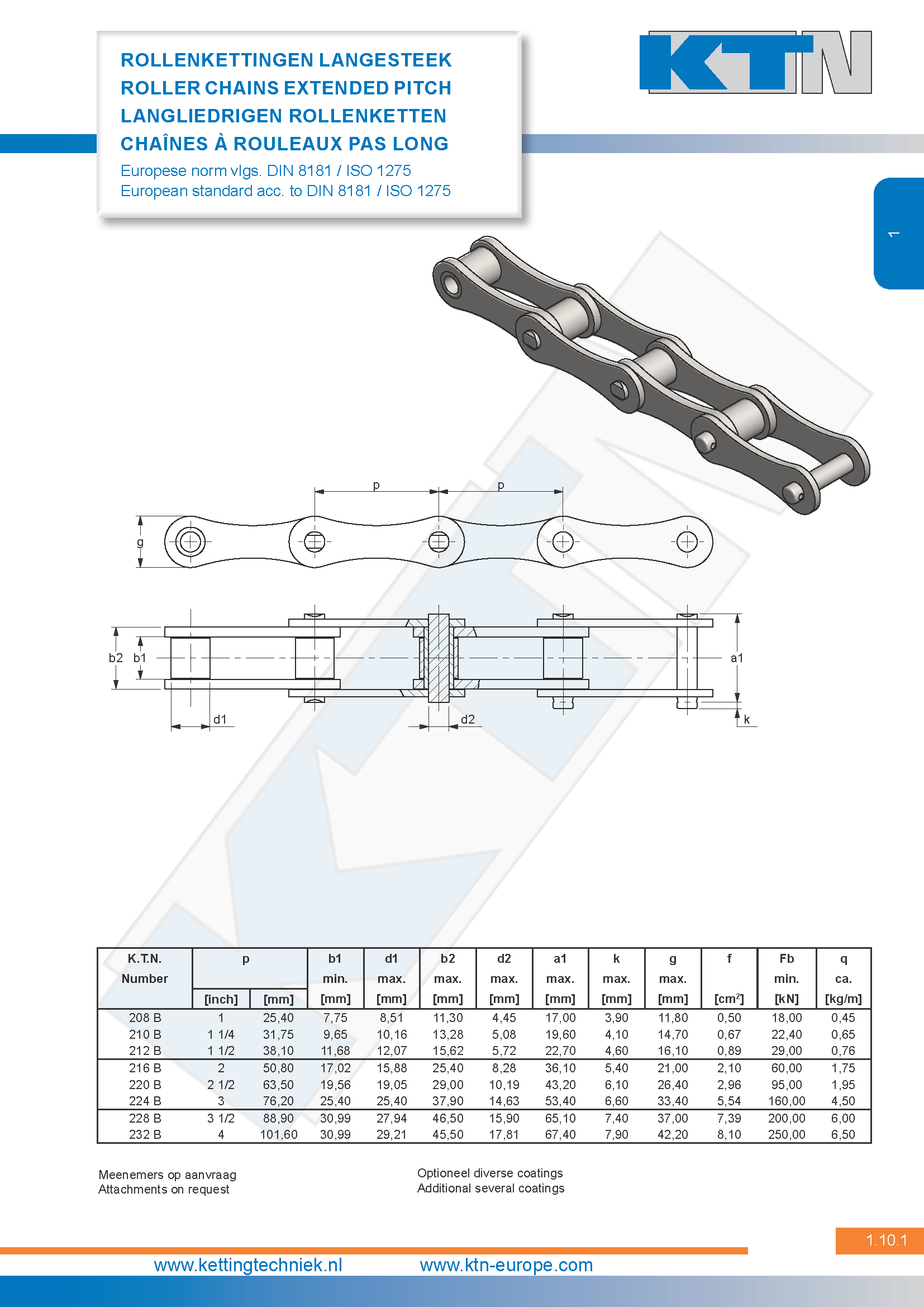 Rollenkettingen Langesteek standaard Europese norm – Staal DIN 8181 / ISO 1275