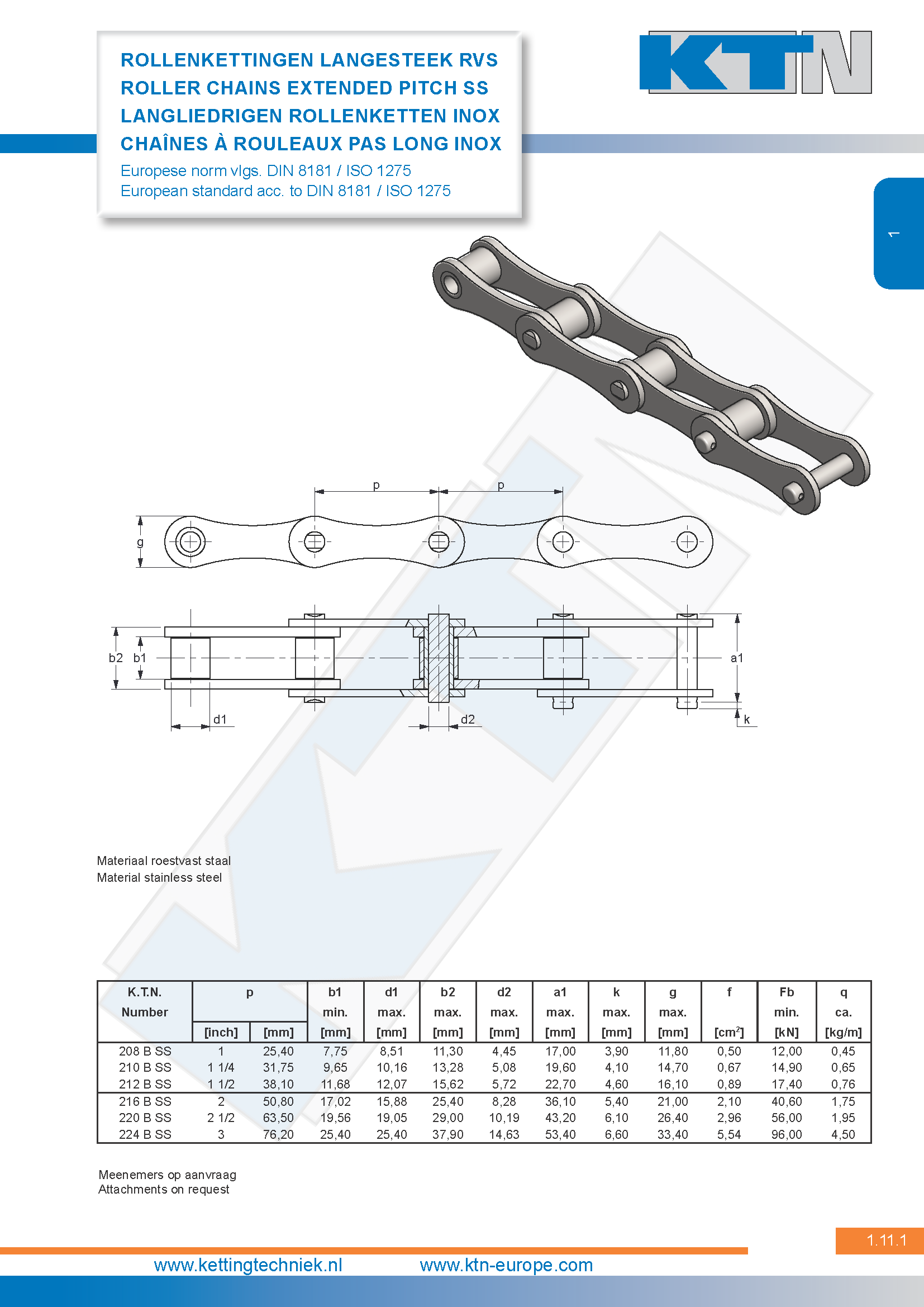 Rollenkettingen Langesteek standaard Europese norm – RVS DIN 8181 / ISO 1275