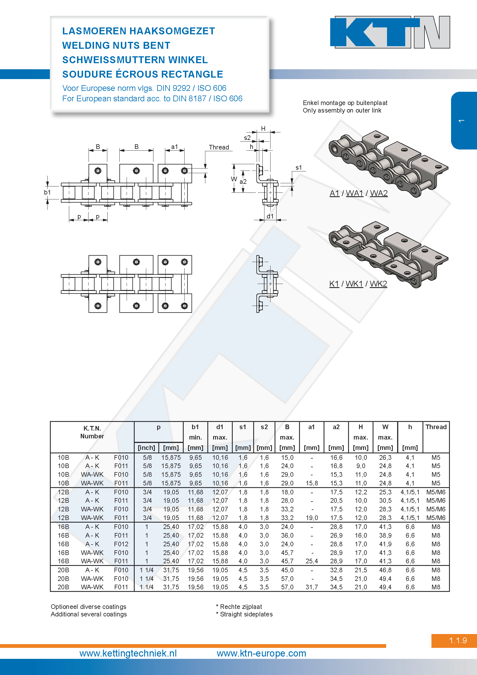 Rollenkettingen Standaard meenemers Lasmoeren – Haaks A1/WA1/WA2/K1/WK1/WK2 DIN 9292 / ISO 606