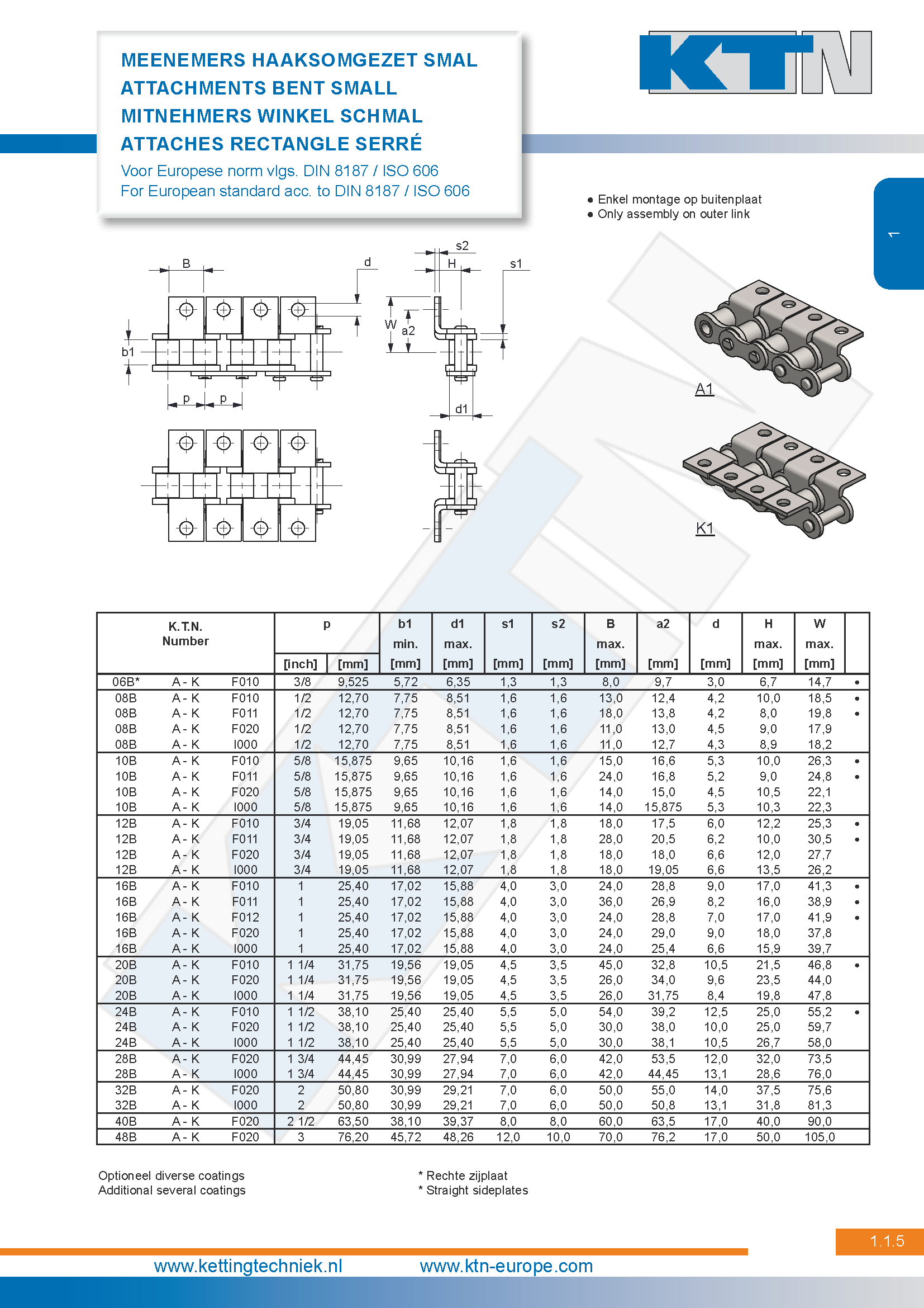 Rollenkettingen Standaard meenemers Haaksomgezet – Smal A1/K1 DIN 8187 / ISO 606