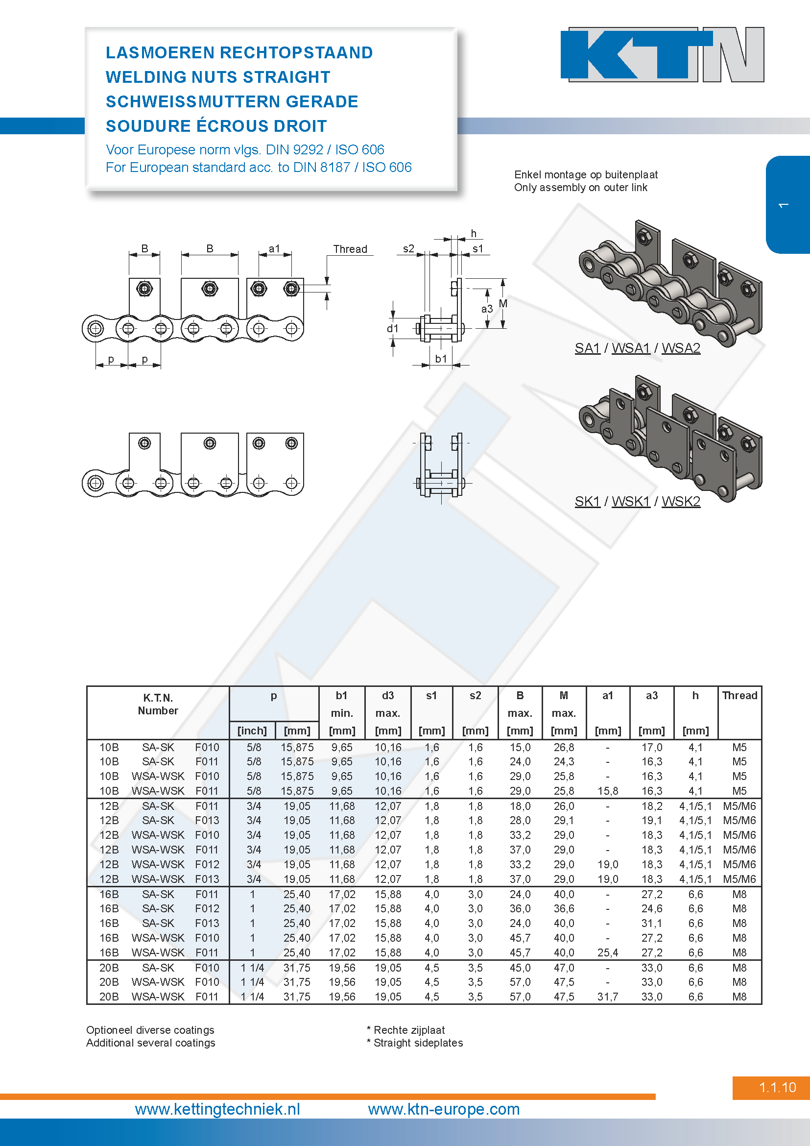 Rollenkettingen Standaard meenemers Lasmoeren – Opstaand SA1 WSA1/WSA2/SK1/WSK1/WSK2 DIN 9292 / ISO 606