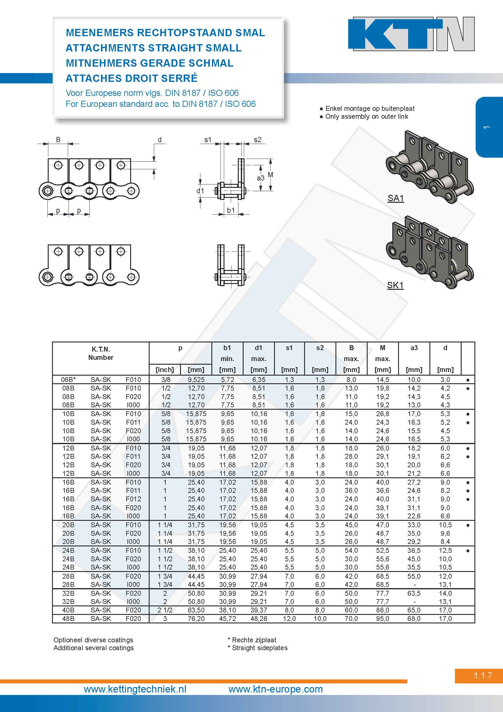 Rollenkettingen Standaard meenemers Rechtopstaand – Smal SA1/SK1 DIN 8187 / ISO 606