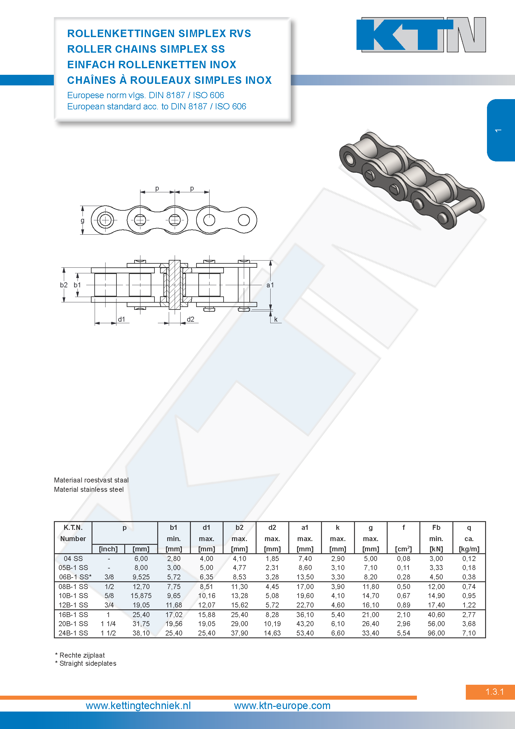 Rollenkettingen Standaard Simplex Europese norm RVS DIN 8187 / ISO 606