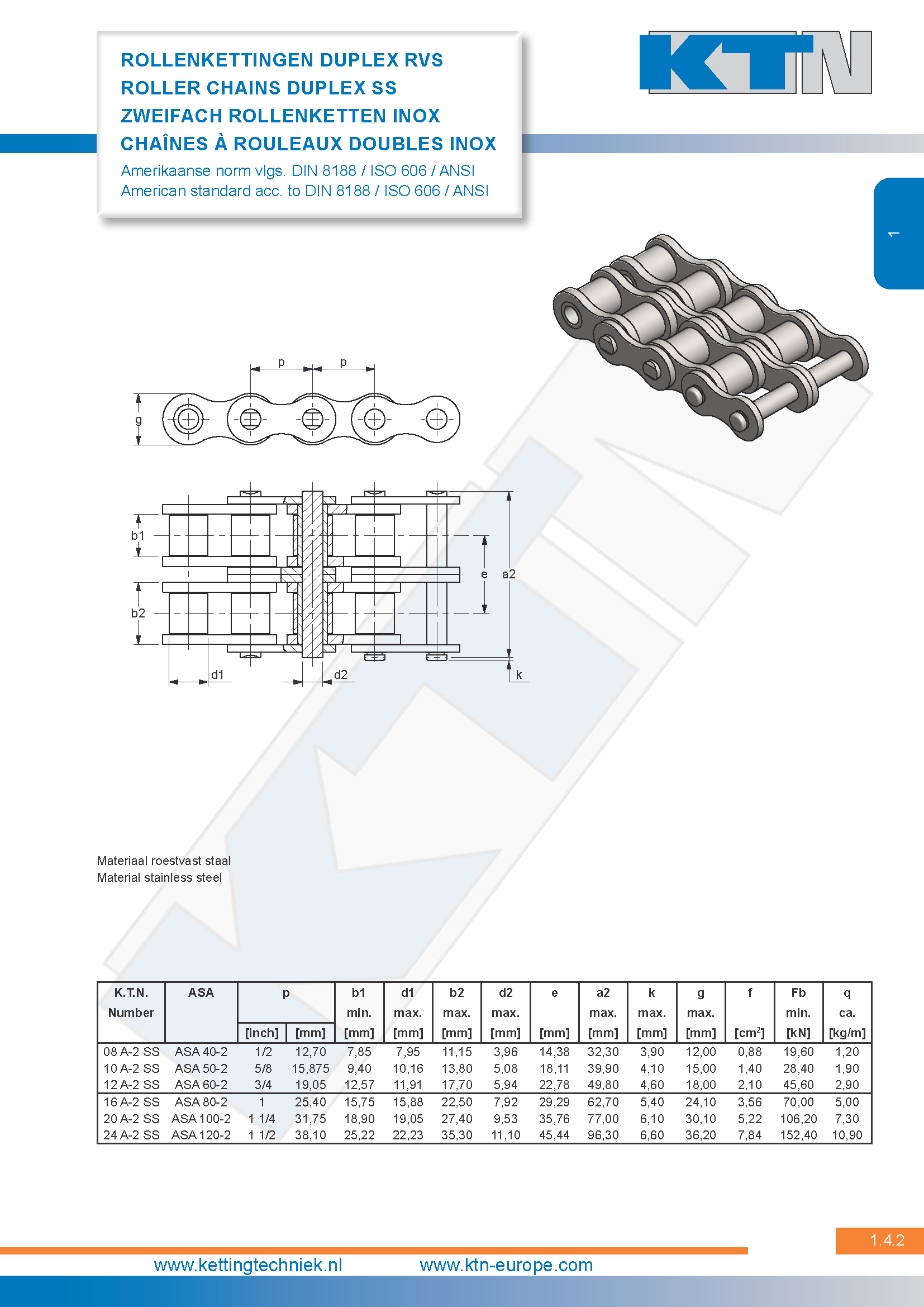 Rollenkettingen Standaard Duplex Amerikaanse norm RVS DIN 8188 / ISO 606 / ANSI