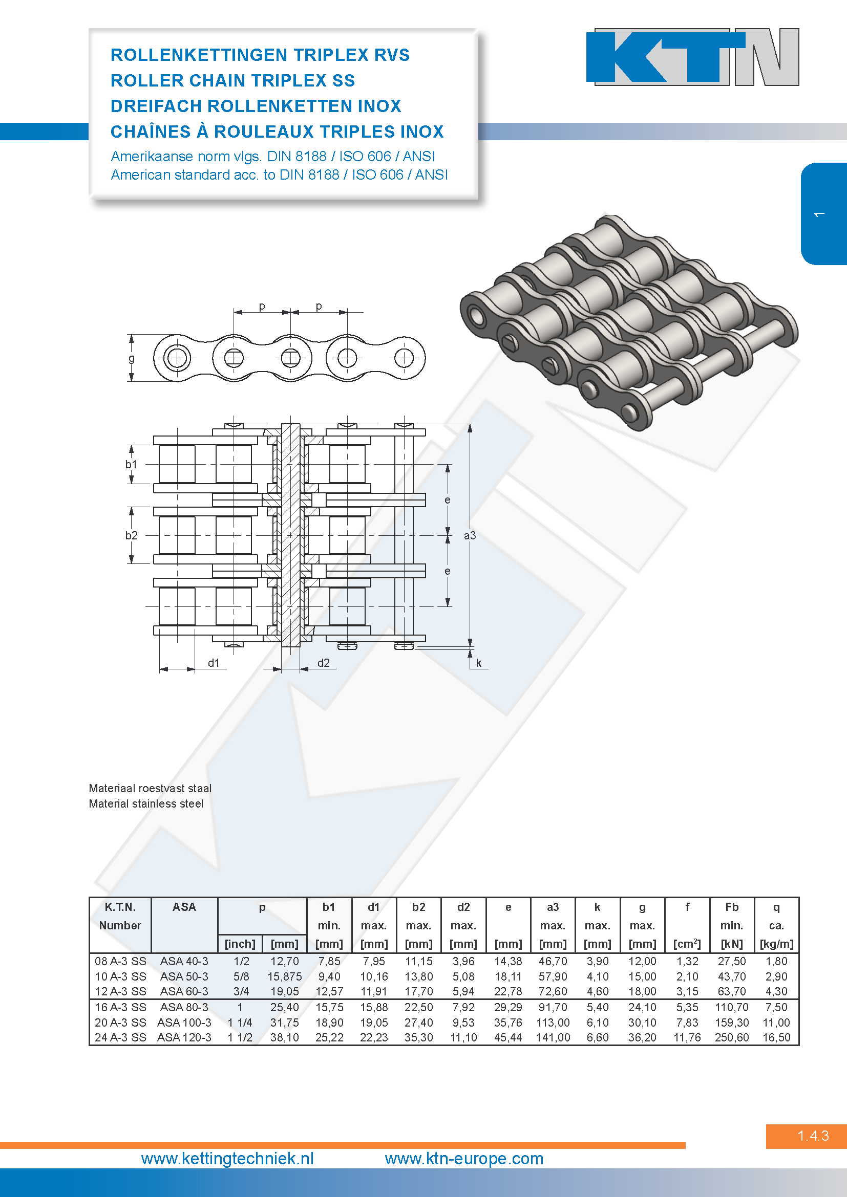 Rollenkettingen Standaard Triplex Amerikaanse norm RVS DIN 8188 / ISO 606 / ANSI