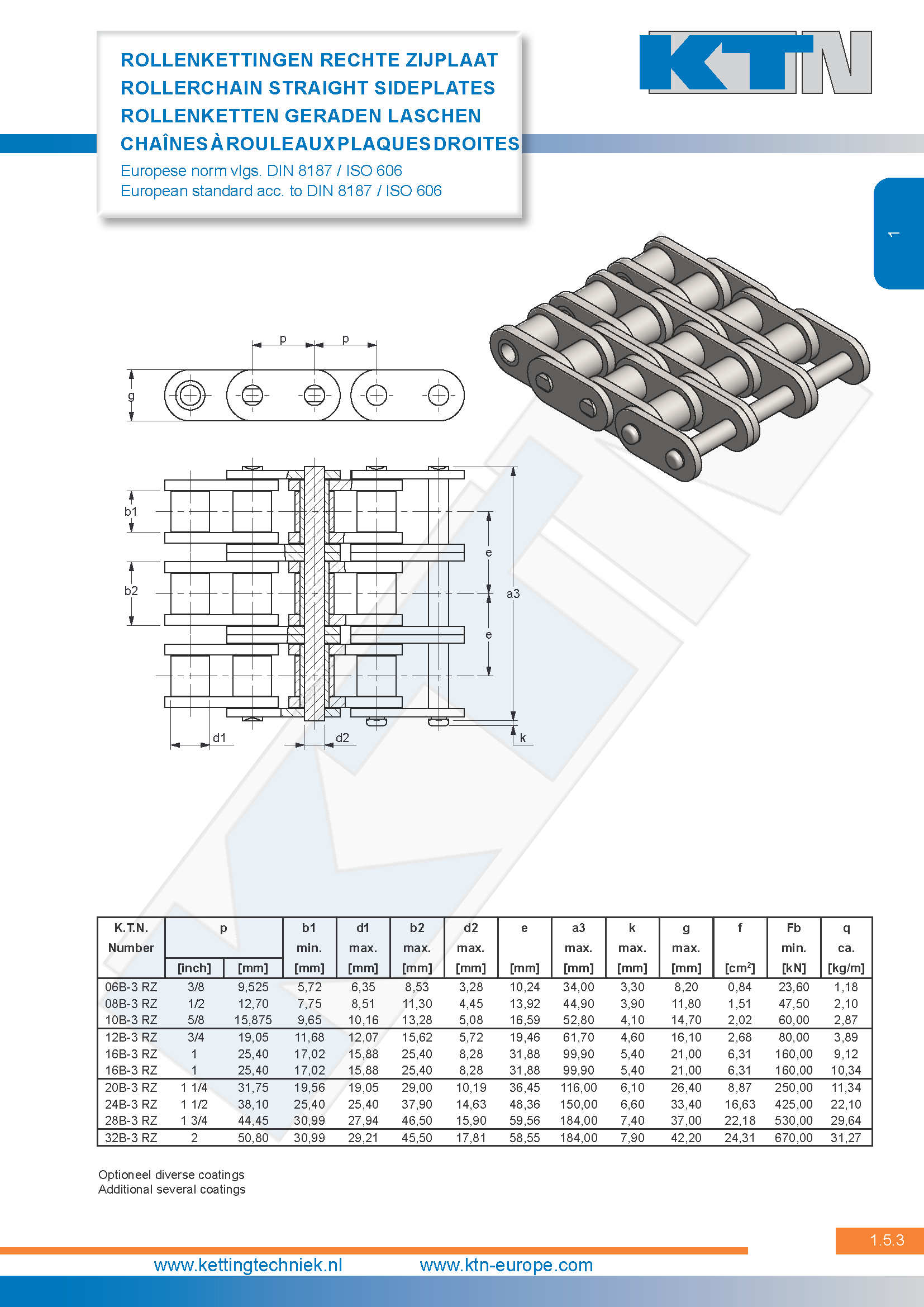 Rollenkettingen Rechte zijplaat Triplex Europese norm Staal DIN 8187 / ISO 606