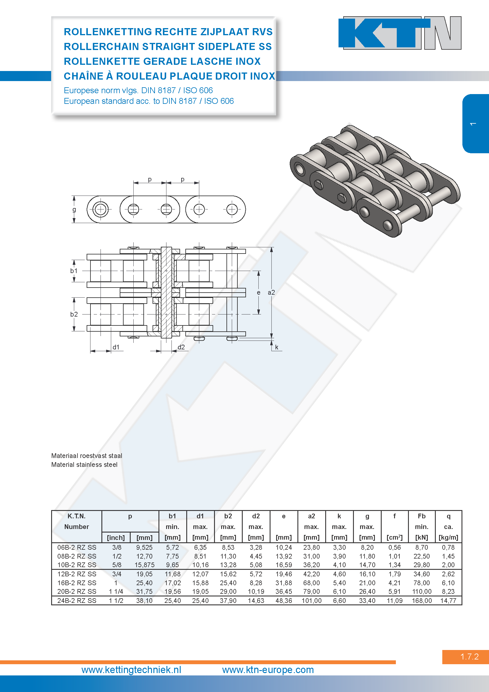 Rollenkettingen Rechte zijplaat Duplex Europese norm RVS DIN 8187 / ISO 606
