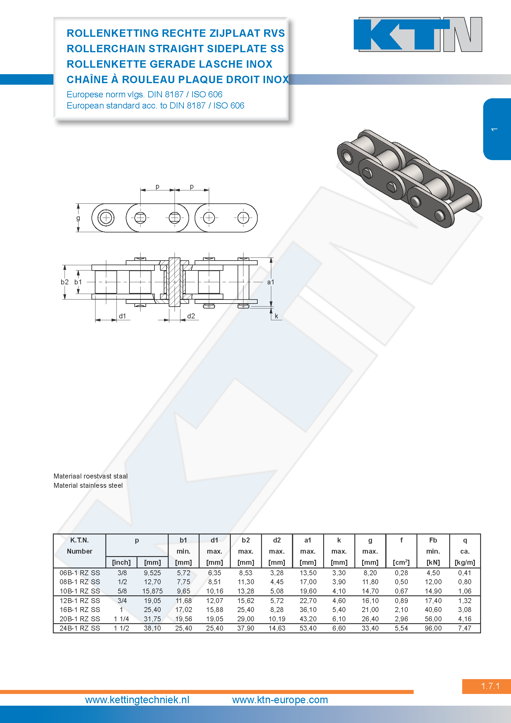 Rollenkettingen Rechte zijplaat Simplex Europese norm RVS DIN 8187 / ISO 606