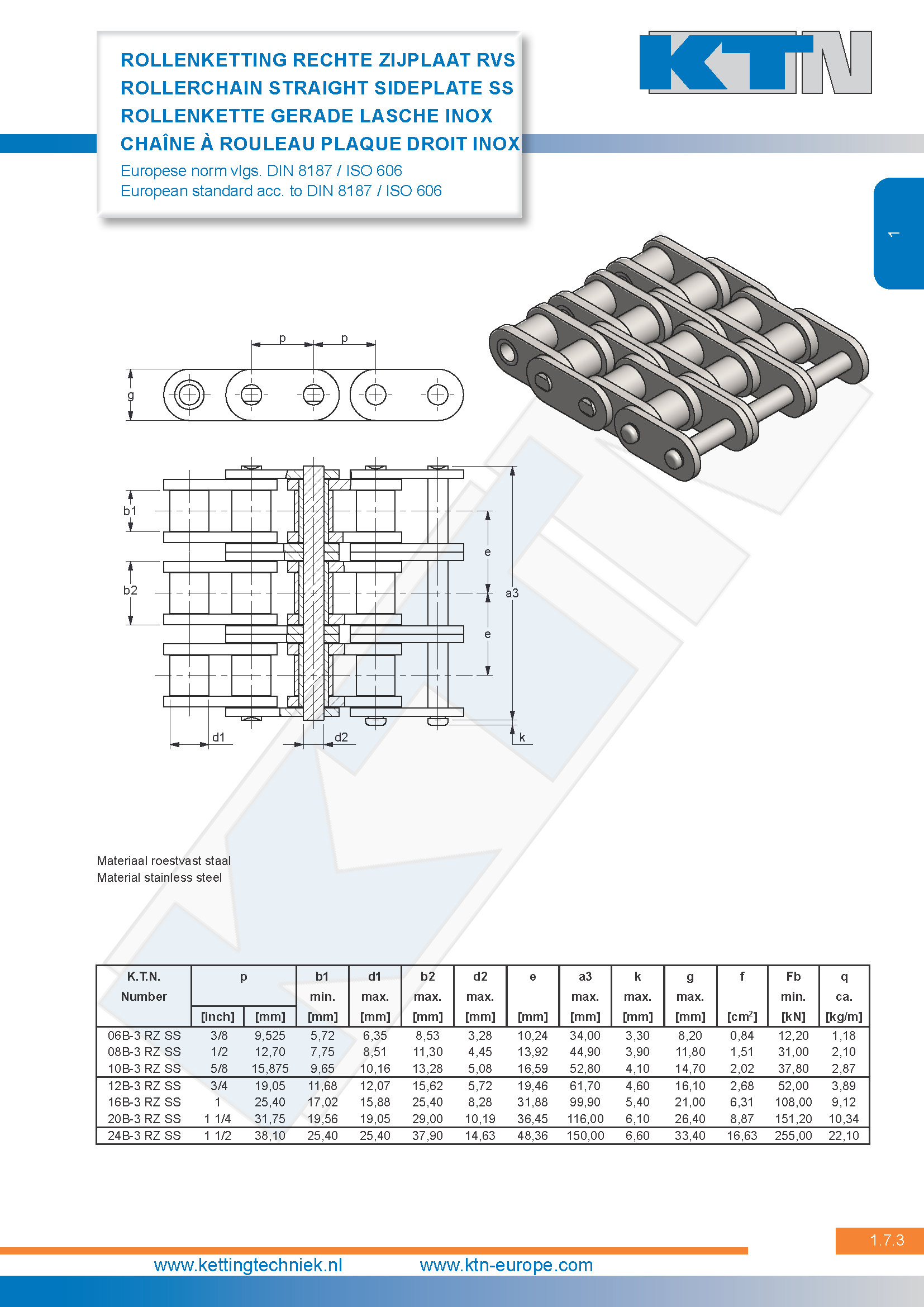 Rollenkettingen Rechte zijplaat Triplex Amerikaanse norm RVS DIN 8188 / ISO 606 / ANSI