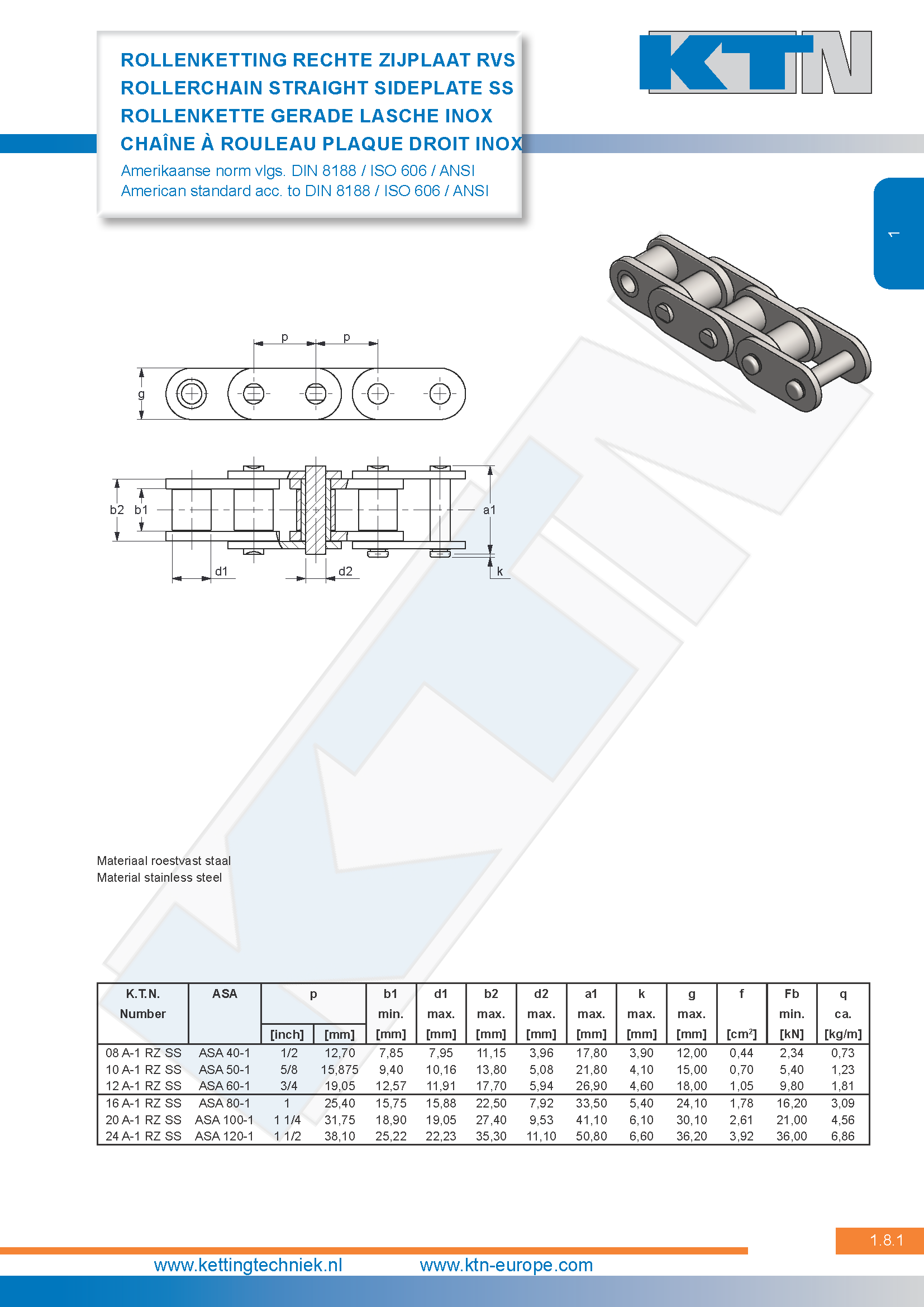 Rollenkettingen Rechte zijplaat Simplex Amerikaanse norm RVS DIN 8188 / ISO 606 / ANSI