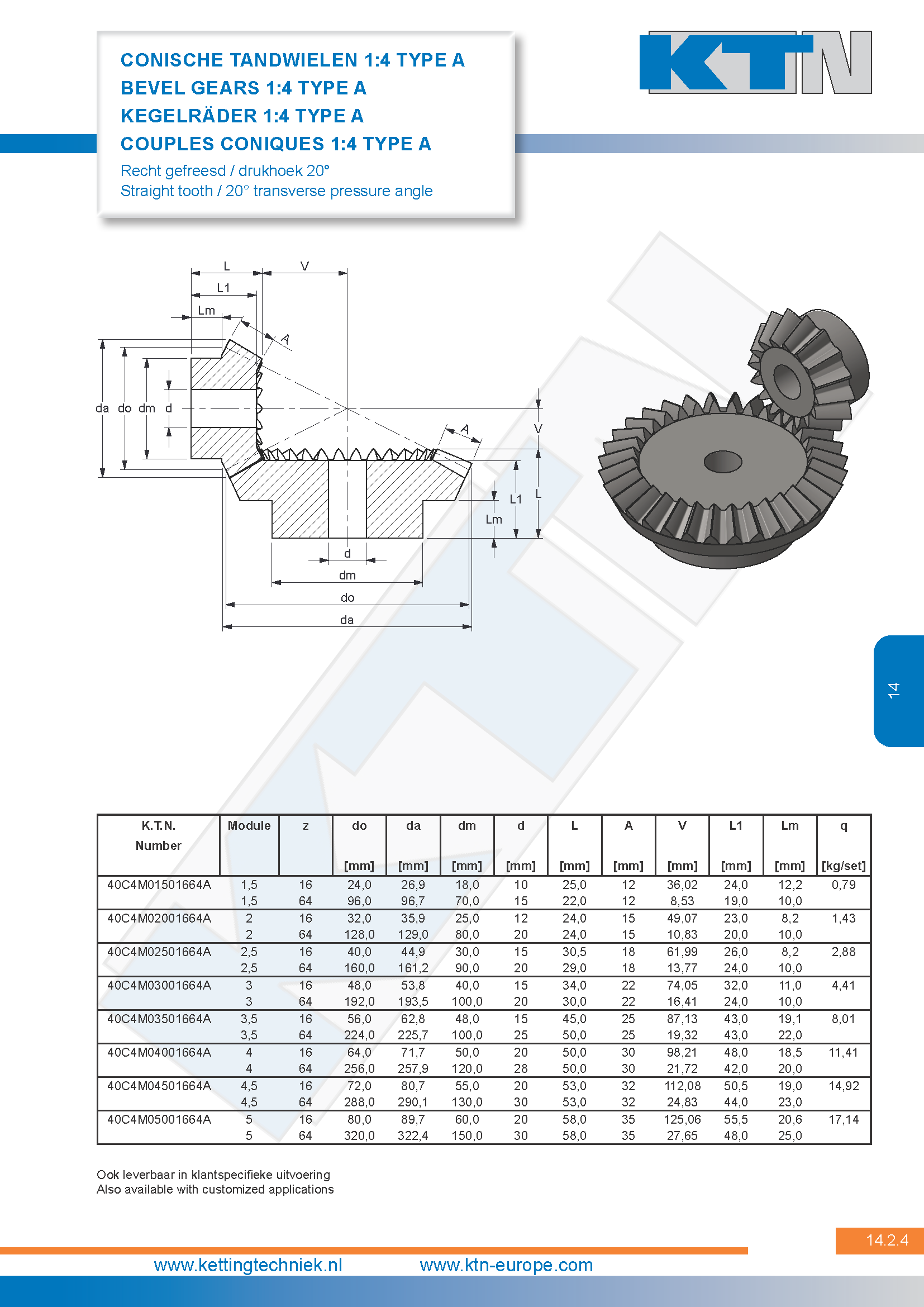 Tandwielen Conische vertanding 1:4 Type A 