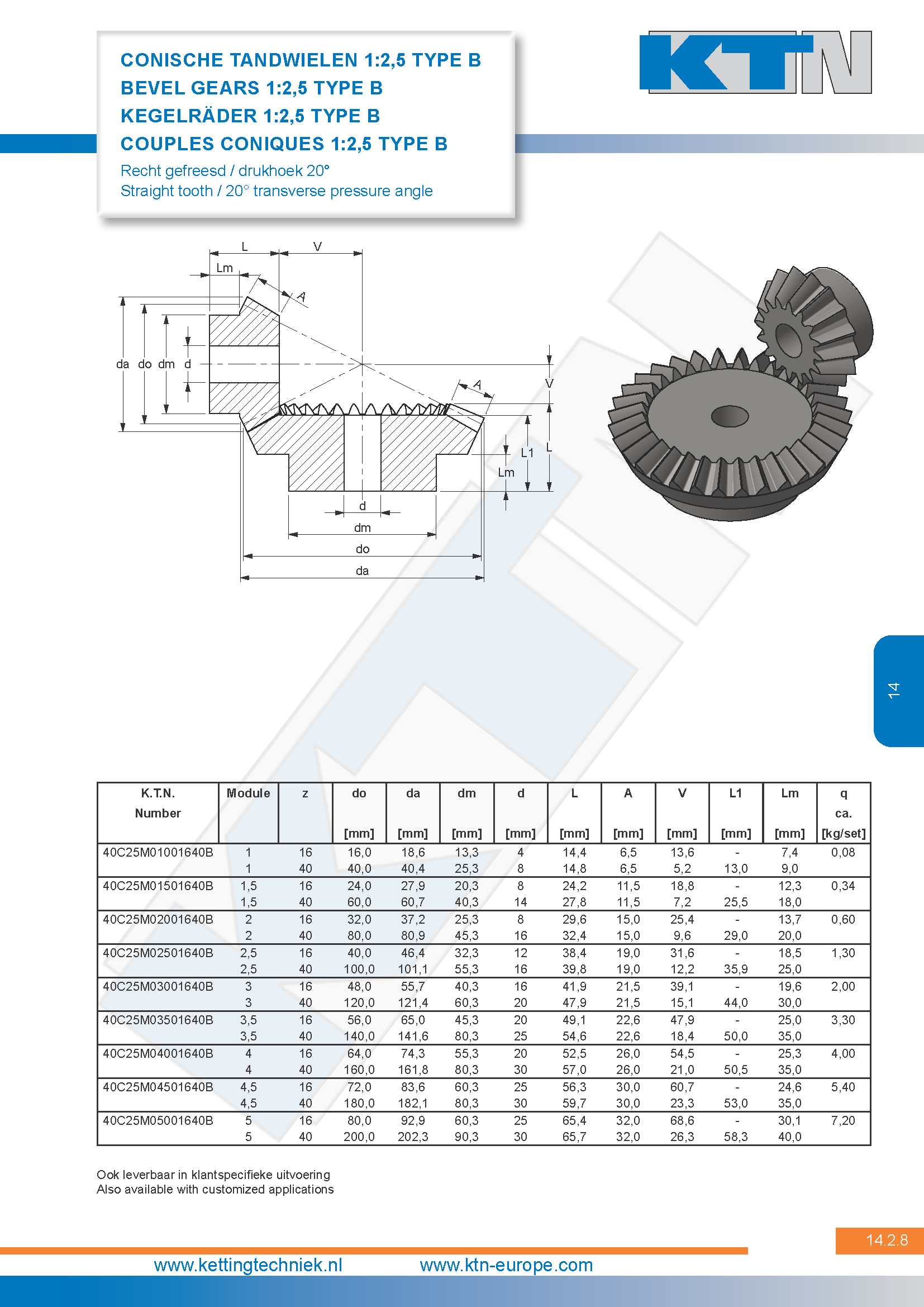 Tandwielen Conische vertanding 1:2,5 Type B 