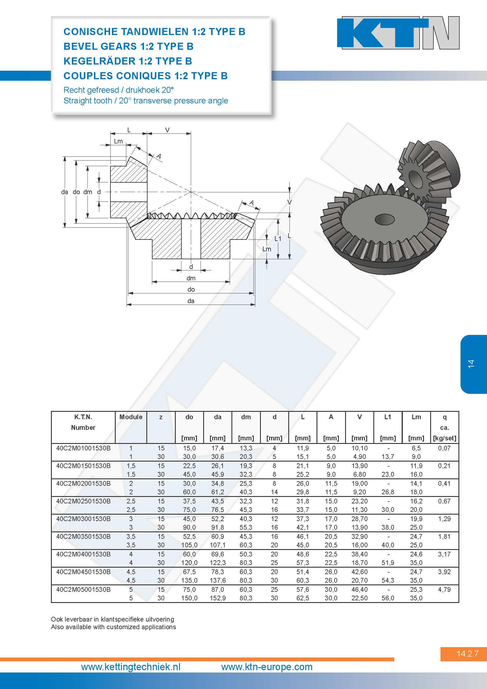 Tandwielen Conische vertanding 1:2 Type B 