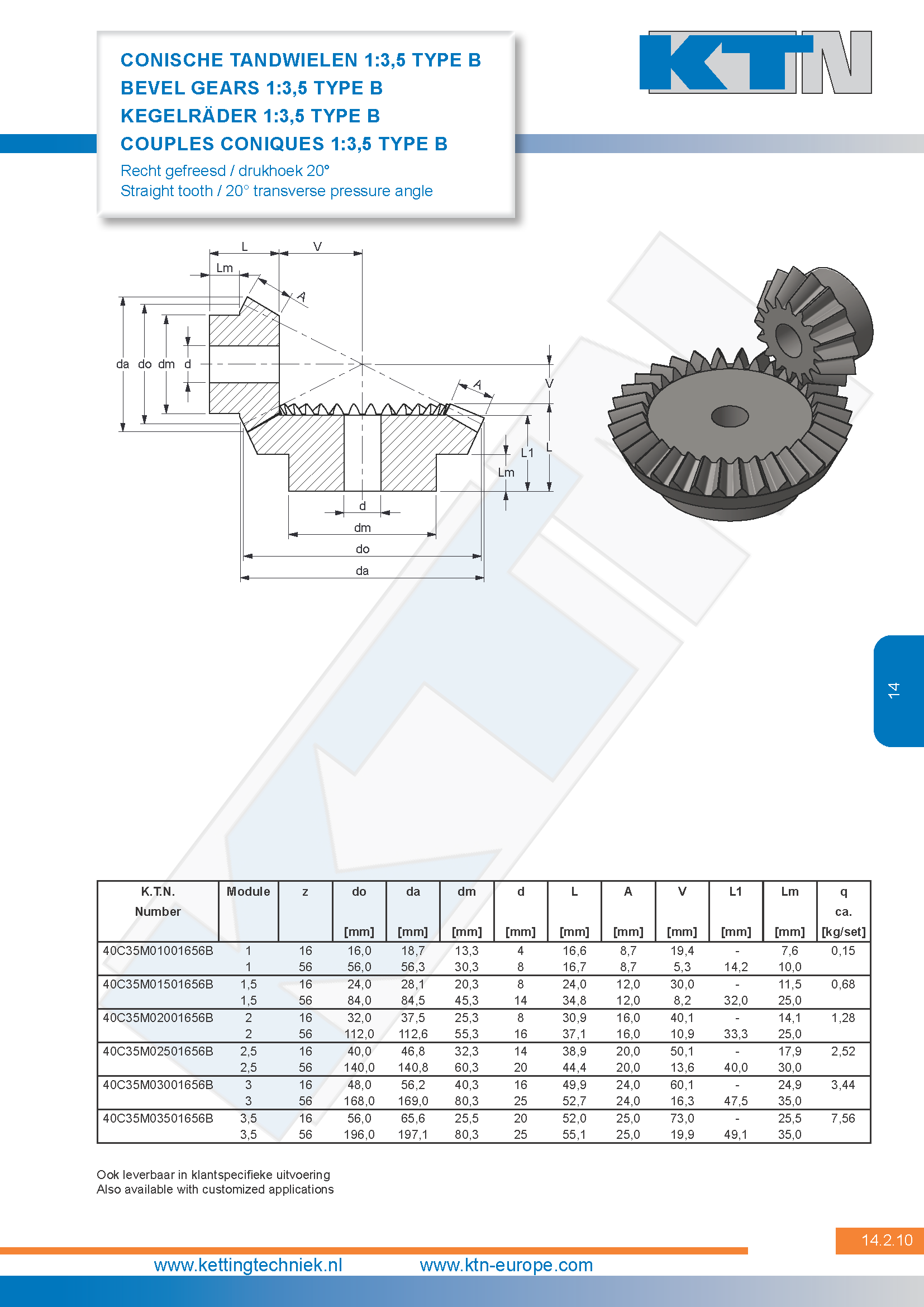 Tandwielen Conische vertanding 1:3,5 Type B 