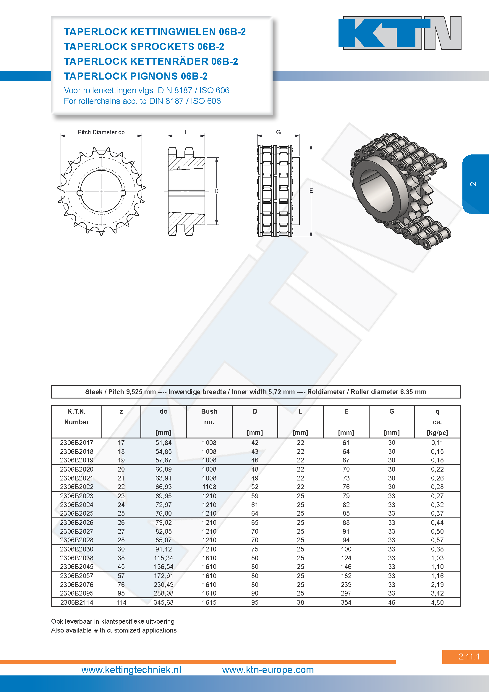 Rollenkettingwielen Kettingwielen taperlock duplex 06B-2 DIN 8187 / ISO 606