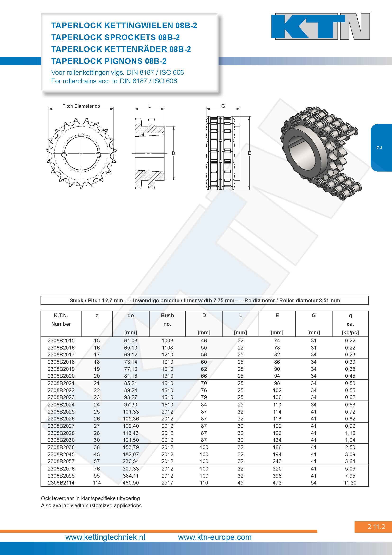 Rollenkettingwielen Kettingwielen taperlock duplex 08B-2 DIN 8187 / ISO 606
