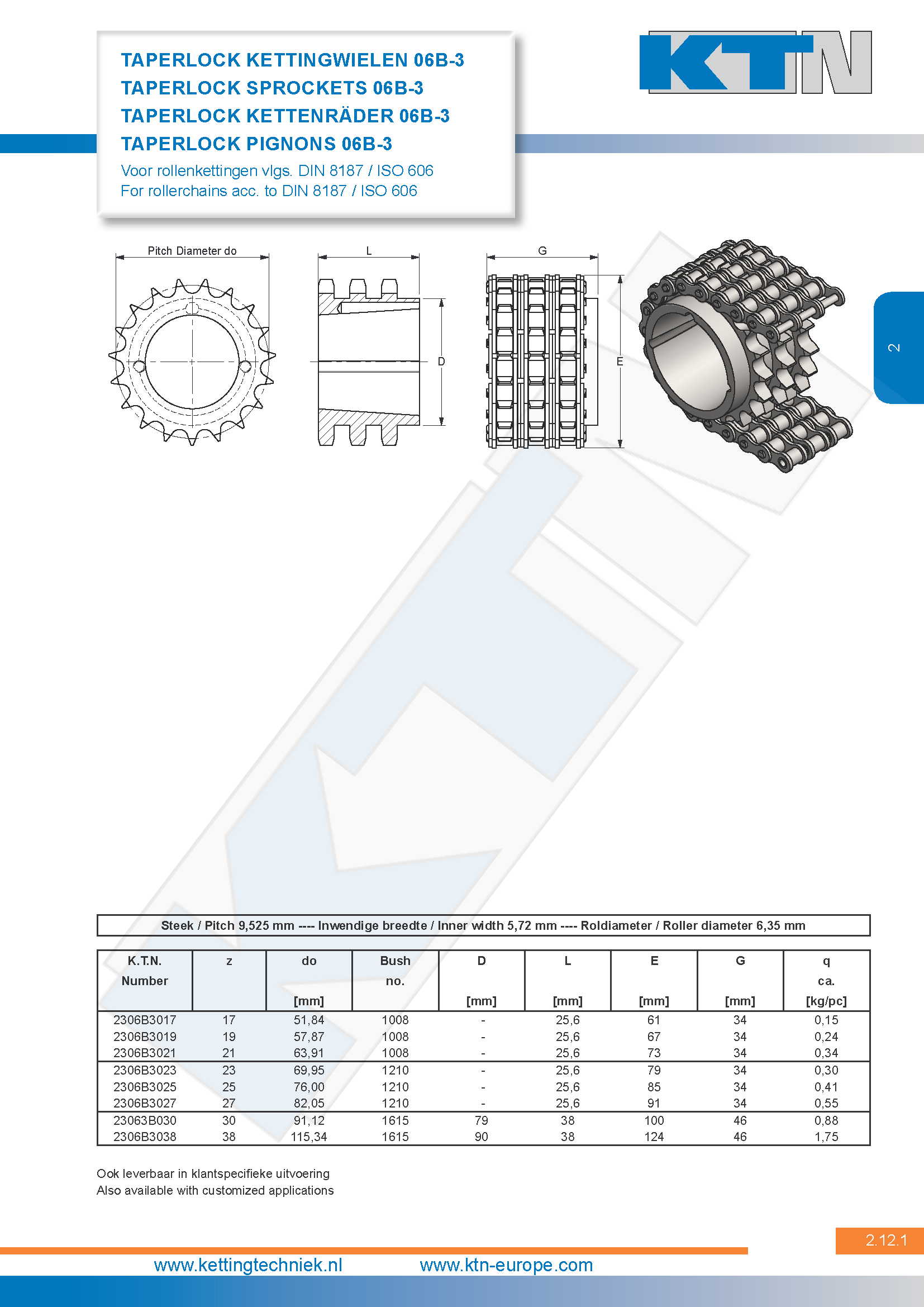 Rollenkettingwielen Kettingwielen taperlock triplex 06B-3 DIN 8187 / ISO 606