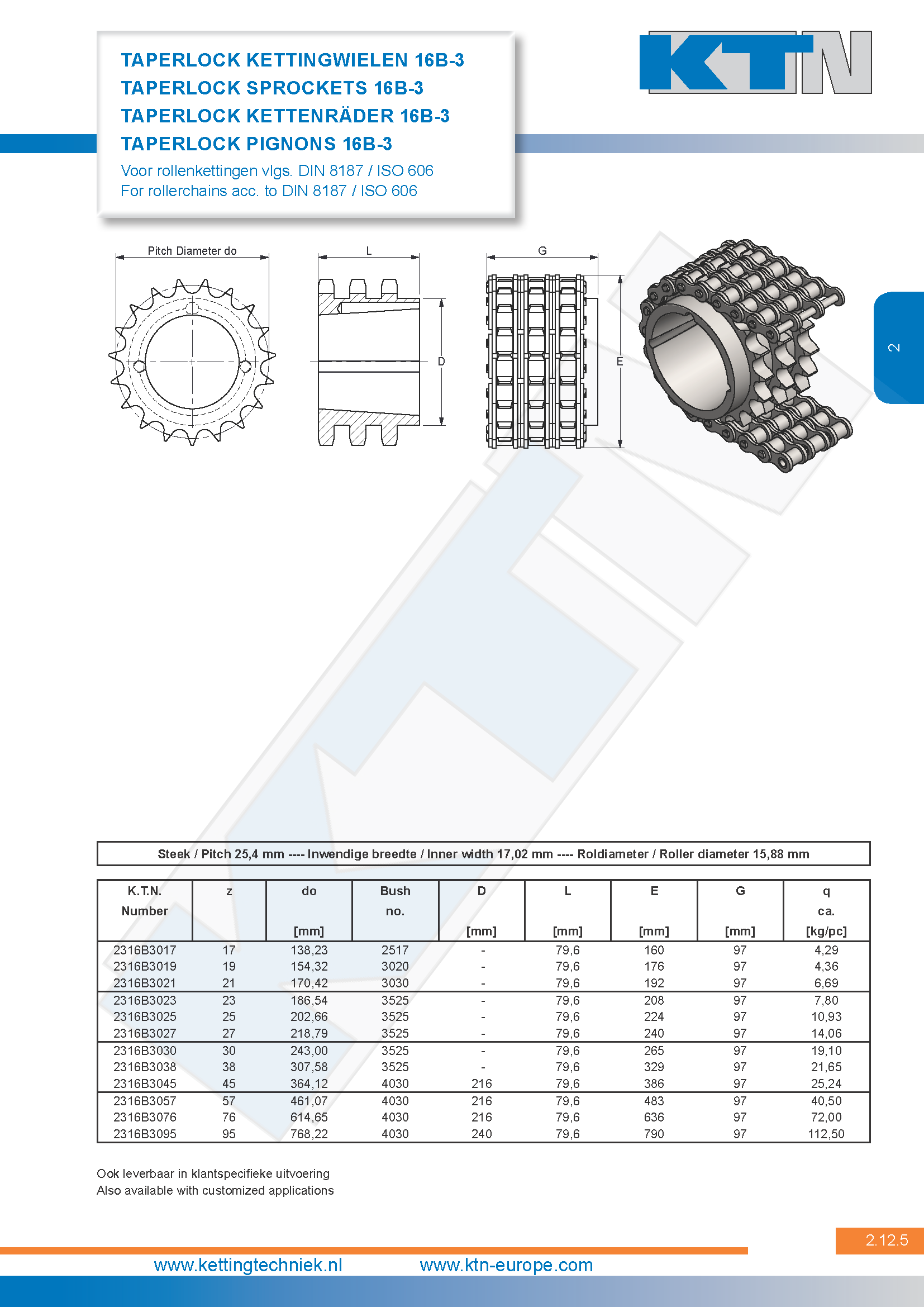 Rollenkettingwielen Kettingwielen taperlock triplex 16B-3 DIN 8187 / ISO 606