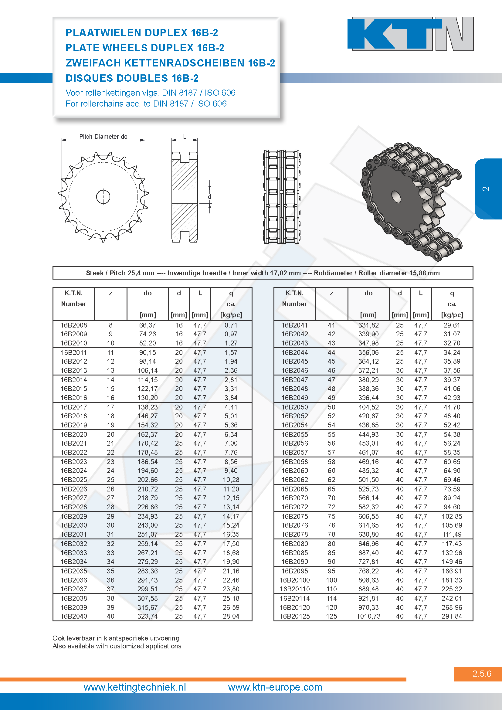 Rollenkettingwielen Plaatwielen duplex 16B-2 DIN 8187 / ISO 606