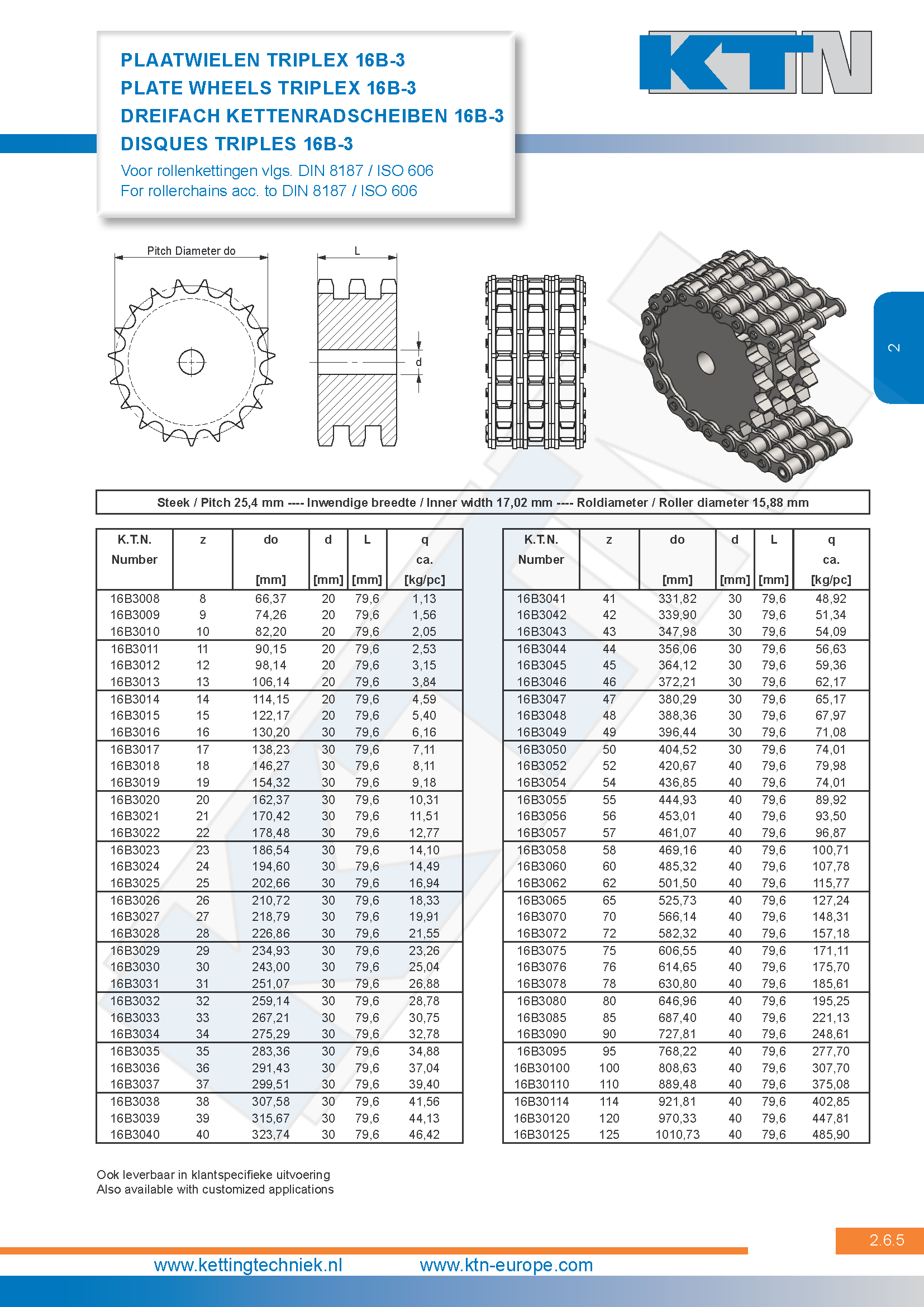 Rollenkettingwielen Plaatwielen triplex 16B-3 DIN 8187 / ISO 606