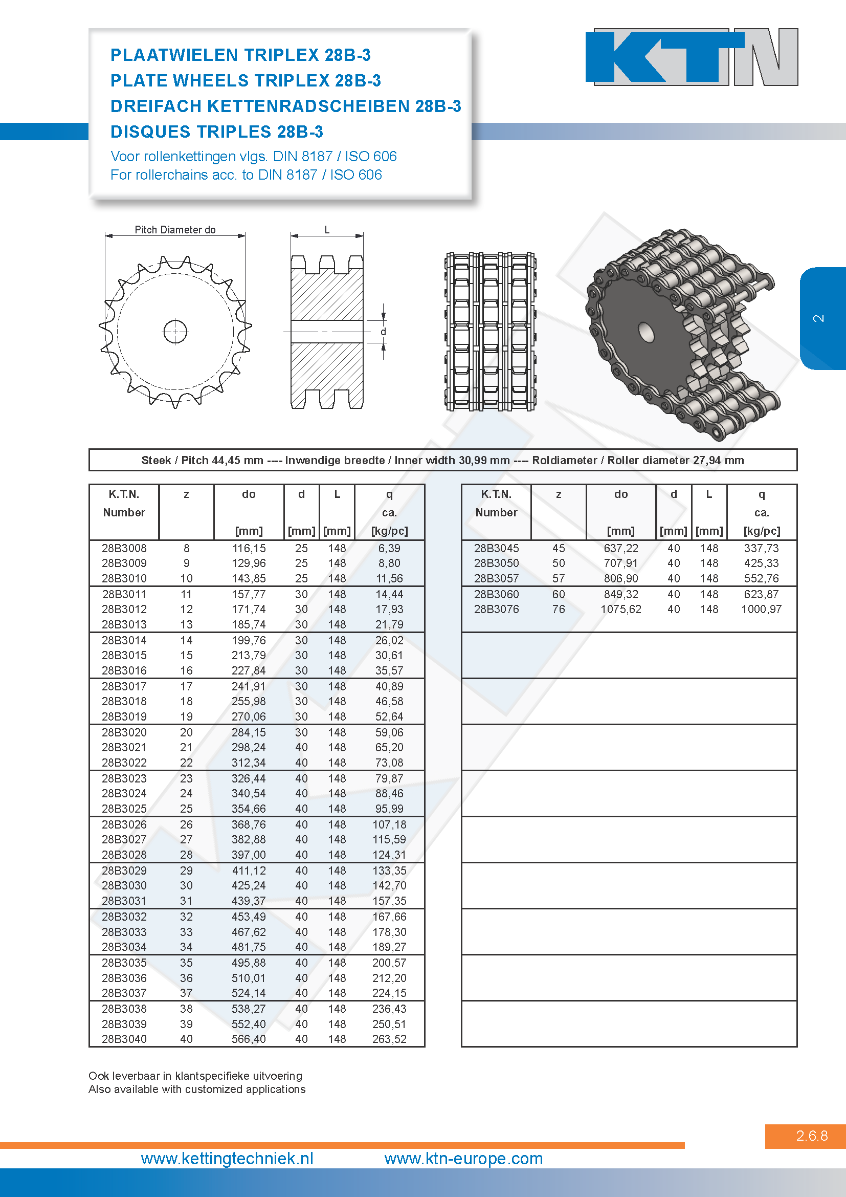 Rollenkettingwielen Plaatwielen triplex 28B-3 DIN 8187 / ISO 606