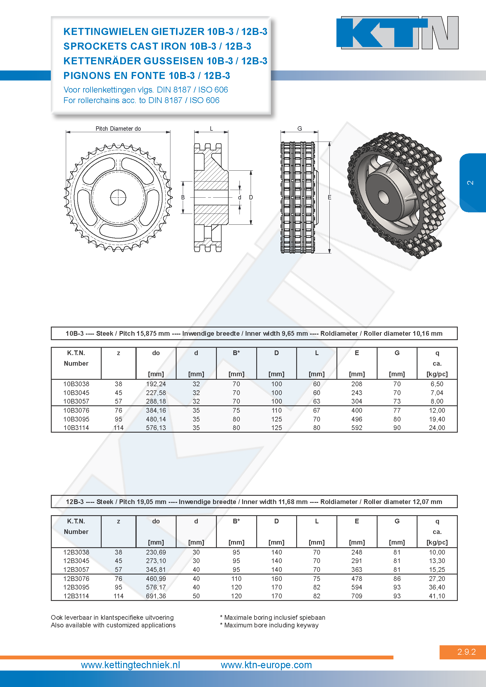 Rollenkettingwielen Kettingwielen gietijzer triplex 10B-3 / 12B-3 DIN 8187 / ISO 606