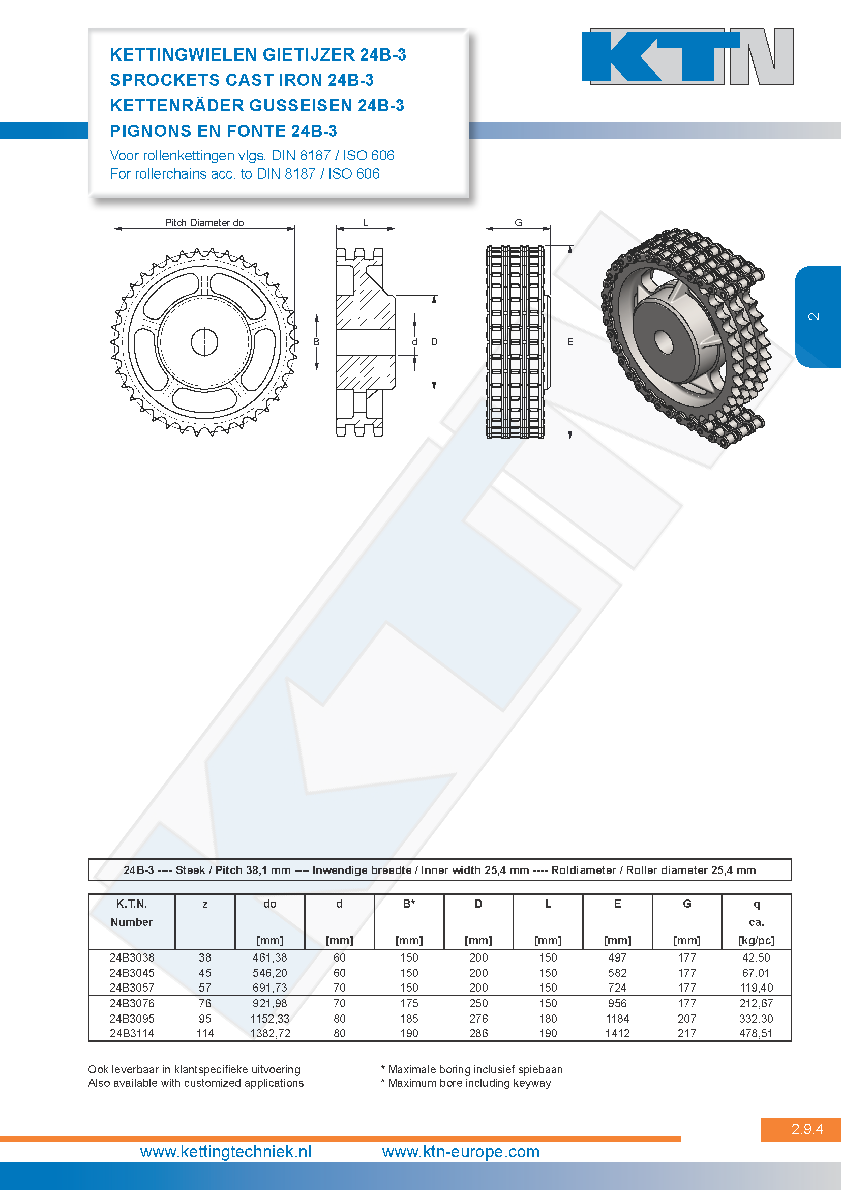 Rollenkettingwielen Kettingwielen gietijzer triplex 24B-3 DIN 8187 / ISO 606